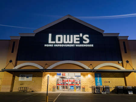 Las Vegas, JUL 28, 2020 - Night exterior view of the Lowe's Home Improvement warehouseのeditorial素材