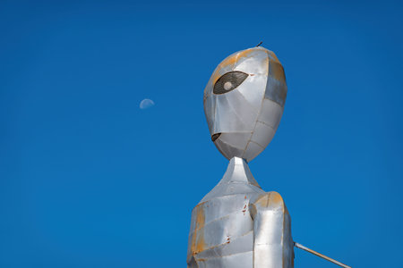 Nevada, AUG 9, 2020 - Exterior view of the Alien Research Center and the moon