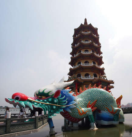 Kaohsiung, SEP 18, 2011 - Exterior view of the famous Dragon and Tiger Pagodasのeditorial素材