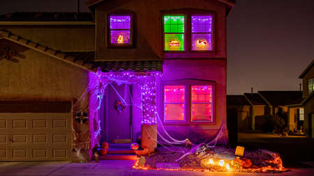 Night view of a beautiful Halloween decoration house at Las Vegas, Nevadaのeditorial素材