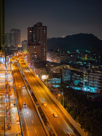 Taipei, AUG 5, 2012 - Night high angle view of the Xindian District cityscape