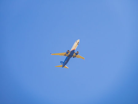 Las Vegas, OCT 27, 2020 - Close up shot of a Alaska Airline airplane flying in the sky