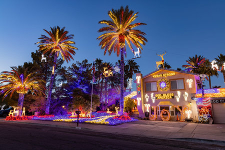 Night view of beautiful christmas decoration of a home at Nevadaの写真素材