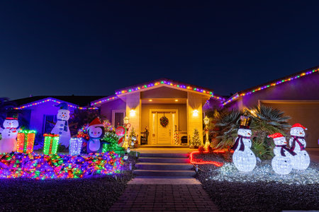 Night view of beautiful christmas decoration of a home at Nevadaの写真素材