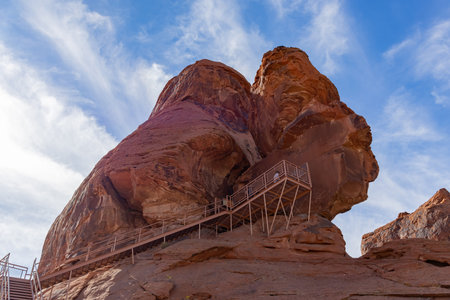 Sunny view of the Atlatl Rock of Valley of Fire State Park at Nevadaの写真素材
