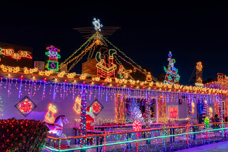 Boulder City, DEC 7, 2020 - Night view of beautiful christmas decoration of a homeのeditorial素材