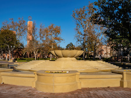 Afternoon sunny view of the Patsy and Forrest Shumway Fountain at Los Angeles, California