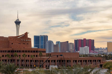 Las Vegas, JAN 12, 2021 - Afternoon view of the Clark County Government Center and skypod with cityscapeのeditorial素材