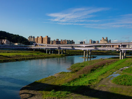 Afternoon view of the river cityscape of Xindian District area at Taipeiの写真素材