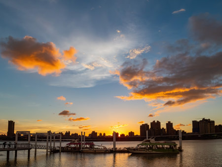 Sunset landscape around the Dadaocheng Wharf area at Taipei, Taiwanの写真素材