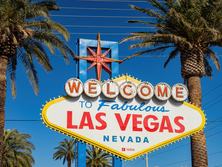Sunny view of the Welcome to Fabulous Las Vegas Sign at Las Vegas, Nevadaのeditorial素材
