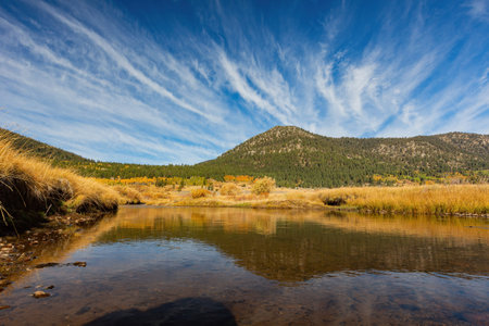 Sunny view with beautiful fall color along the Hope Valley in Lake Tahoe area at Nevada, USA