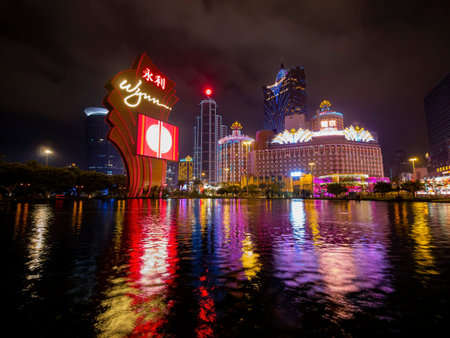 Macau, JAN 24, 2012 - Night exterior view of the Wynn Macau
