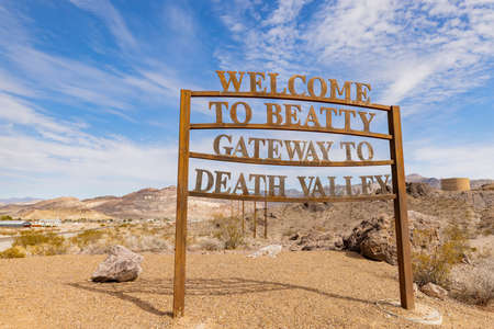 Metal sculpture sign before entering Beatty town at Nevadaの写真素材