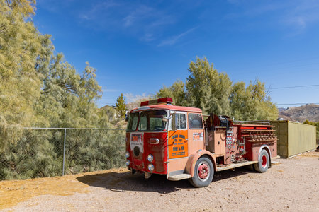 Beatty, MAR 17, 2021 - Antique fire truck display outside the Beatty Museum and Historical Society