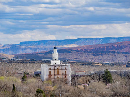 Aerial view of the cityscape of St George with the St. George Utah Temple at Utah, USAの写真素材