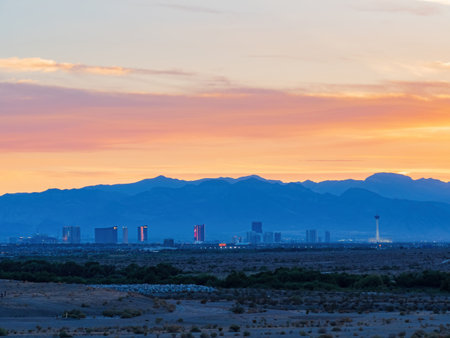 Sunset view of the famous strip skyline of Las Vegas at Nevada