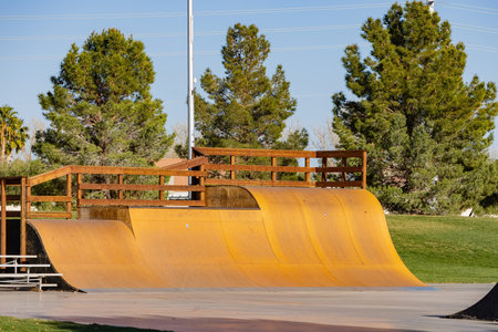 Sunny view of the scooter playground at Boulder City Skatepark, Nevada