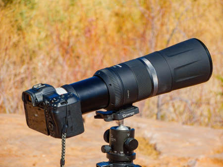 Nevada, MAR 4, 2021 - Close up shot of a big camera with a telephoto lensのeditorial素材