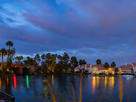 Twilight view of some residence building at Desert Shores area, Nevadaの写真素材