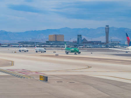 Las Vegas, JUL 3, 2021 - Airplane waiting to take off in the airportのeditorial素材