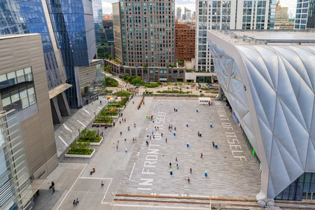 New York, JUL 4, 2021 - High angle view of The Shed art center and cityscape