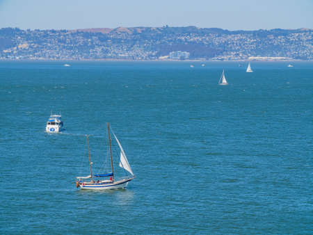 Sunny view of a ship driving in the San Francisco Bay at Californiaの写真素材