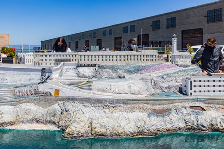 San Francisco, MAY 19, 2021 - Sunny view of the waiting area of Alcatraz City Cruisesのeditorial素材