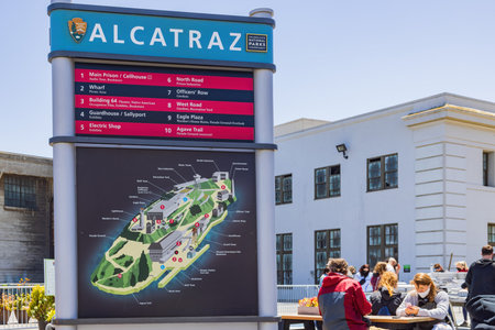 San Francisco, MAY 19, 2021 - Sunny view of the waiting area of Alcatraz City Cruises