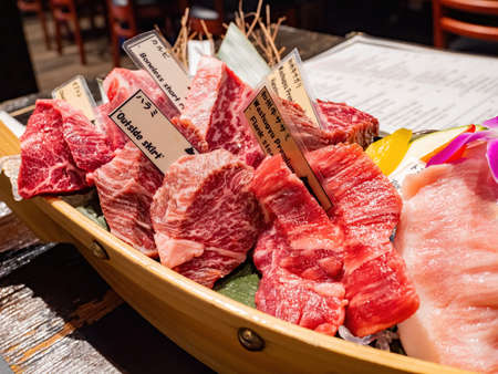 Close up shot of many raw meats in a boat at Las Vegas, Nevadaの写真素材