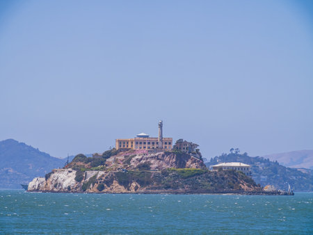 Sunny view of the Alcatraz Island and San Francisco Bay at Californiaのeditorial素材