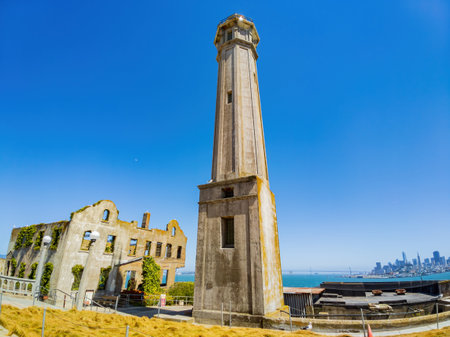 Sunny view of the Alcatraz Lighthouse in Alcatraz island at Californiaのeditorial素材