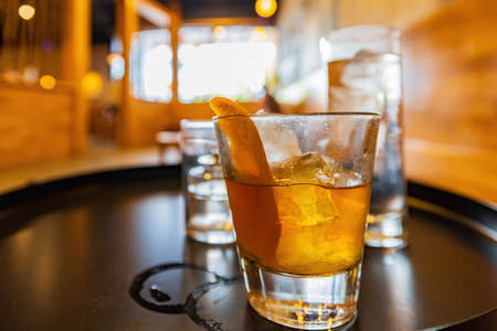 Close up shot of a Whiskey cocktail at Los Angeles, Californiaの写真素材