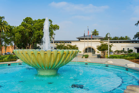 Monrovia, JUL 24, 2021 - Morning view of the water fountain in Library Park