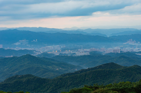 Morning sunny high angle view of the mountains around Wuzhi Shan at New Taipei City, Taiwanの写真素材