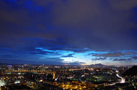 Sunset high angle view of the Jingmei area at Taipei, Taiwanの写真素材