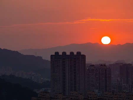 Sunset high angle view of the Jingmei area at Taipei, Taiwanの写真素材