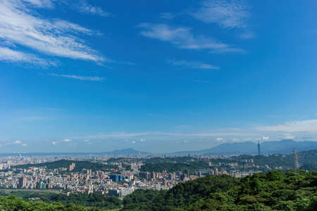 Morning sunny high angle view of the Taipei area from MaoKong at Taiwanの写真素材