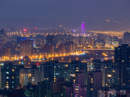 Sunset high angle view of the Jingmei area at Taipei, Taiwanの写真素材