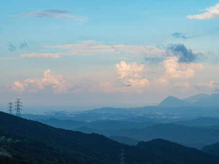 Morning sunny high angle view of the mountains around Wuzhi Shan at New Taipei City, Taiwan