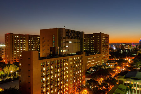 Night high angle view of the National Taiwan University Hospital at Taipei, Taiwan
