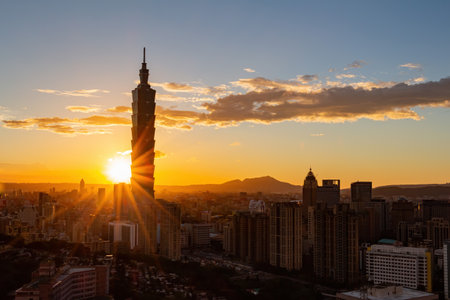 Sunset high angle view of the Xinyi District at Taipei, Taiwanのeditorial素材