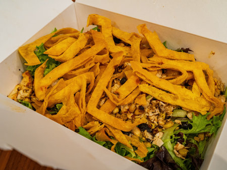 Close shot of salad with cripsy items at Oklahoma City, USA