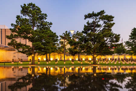 Night view of the Oklahoma City Memorial chairs at Oklahoma, USAのeditorial素材
