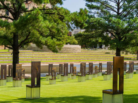 Sunny view of the Oklahoma City Memorial chairs at Oklahoma, USAのeditorial素材