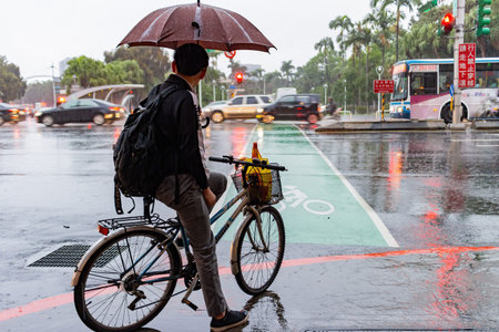 Taipei, NOV 22, 2012 - Male student ride a bicycle with umbrella waiting to cross the street in a...