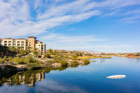 Sunny view of the lake landscape of Lake Las Vegas at Nevadaのeditorial素材
