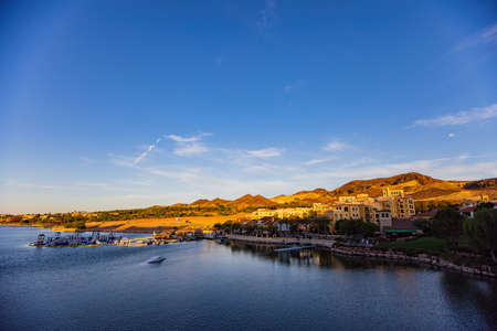 Sunny view of the lake landscape of Lake Las Vegas at Nevadaのeditorial素材