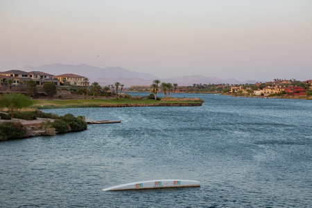 Sunset view of the lake landscape of Lake Las Vegas at Nevadaのeditorial素材