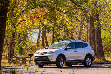 Oklahoma, OCT 28, 2021 - Silver Toyota RAV4 parked in Boiling Springs State Park